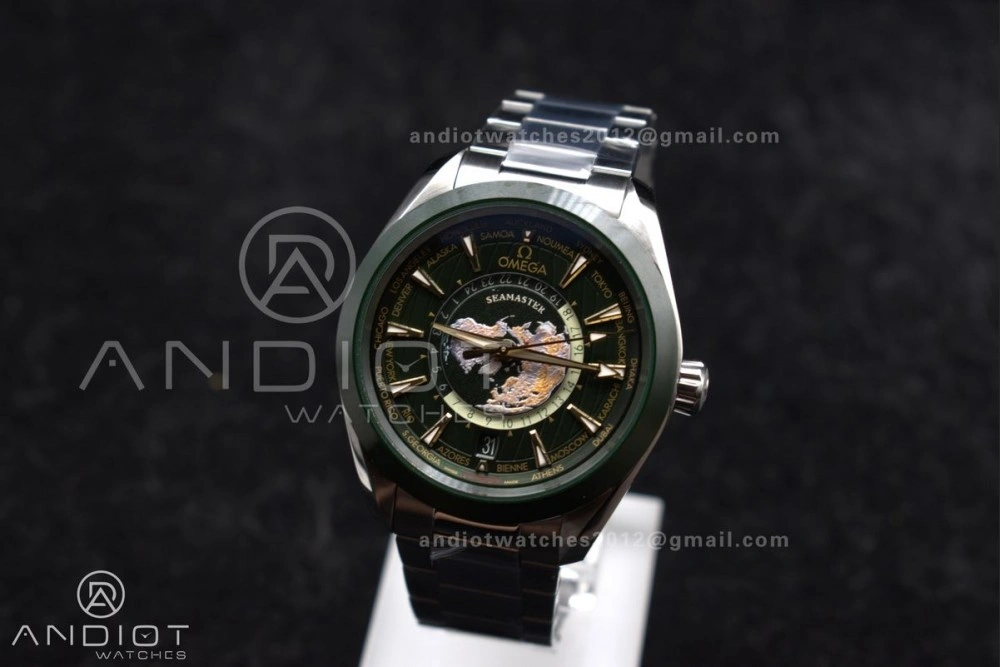FashionForward Aqua Terra GMT Worldtimer 43mm Green Ceramic VSF 1:1 Best Edition on SS Bracelet A8938 Super Clone 6