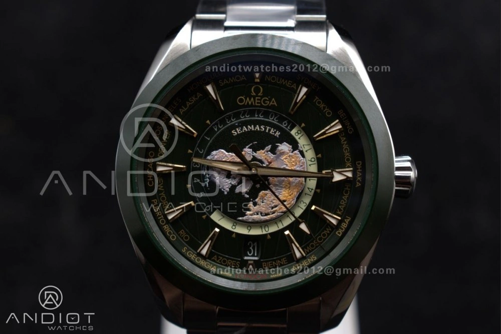 FashionForward Aqua Terra GMT Worldtimer 43mm Green Ceramic VSF 1:1 Best Edition on SS Bracelet A8938 Super Clone 6