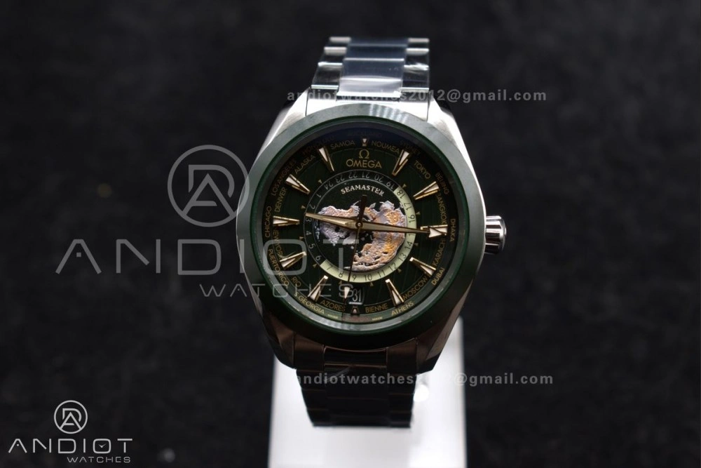 FashionForward Aqua Terra GMT Worldtimer 43mm Green Ceramic VSF 1:1 Best Edition on SS Bracelet A8938 Super Clone 6