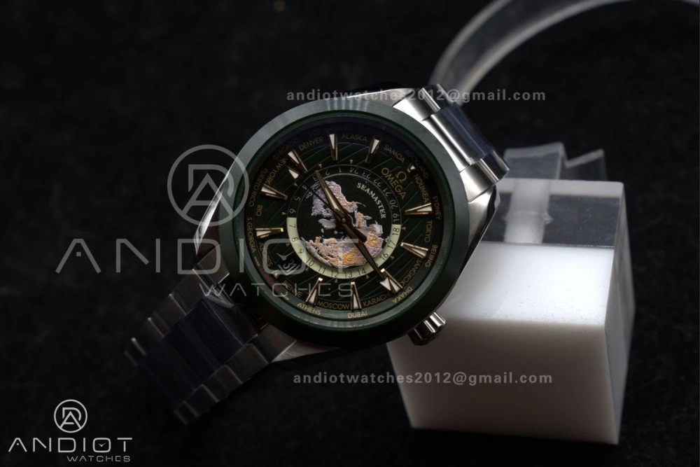FashionForward Aqua Terra GMT Worldtimer 43mm Green Ceramic VSF 1:1 Best Edition on SS Bracelet A8938 Super Clone 6