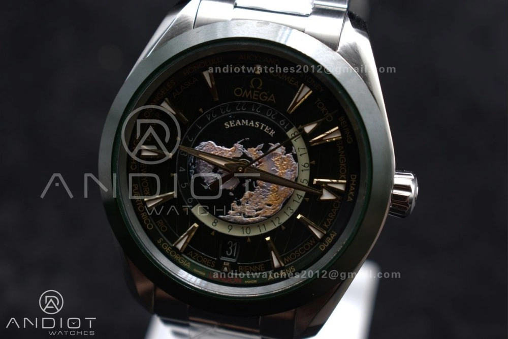 FashionForward Aqua Terra GMT Worldtimer 43mm Green Ceramic VSF 1:1 Best Edition on SS Bracelet A8938 Super Clone 6