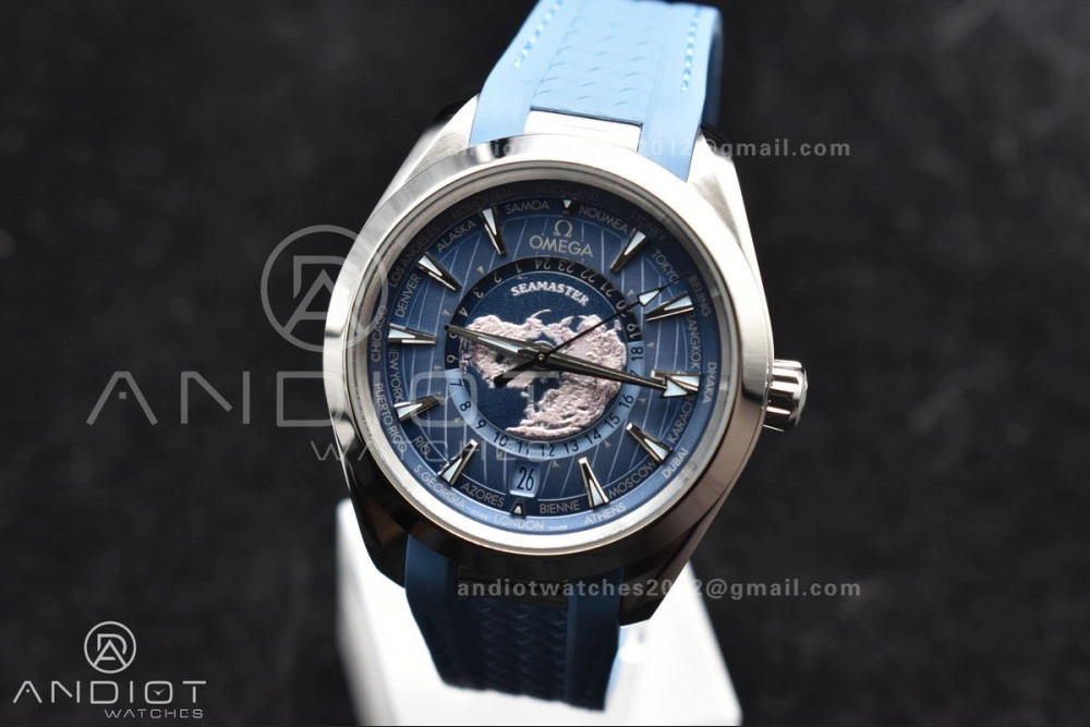 Aqua Terra GMT Worldtimer 43mm VSF 1:1 Best Edition Summer Blue Dial on Blue Rubber Strap A8938 Super Clone WrinkleFree 23