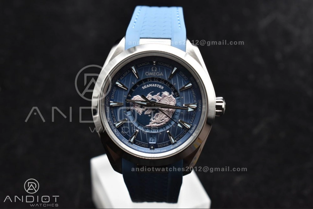 Aqua Terra GMT Worldtimer 43mm VSF 1:1 Best Edition Summer Blue Dial on Blue Rubber Strap A8938 Super Clone Comfortable 511