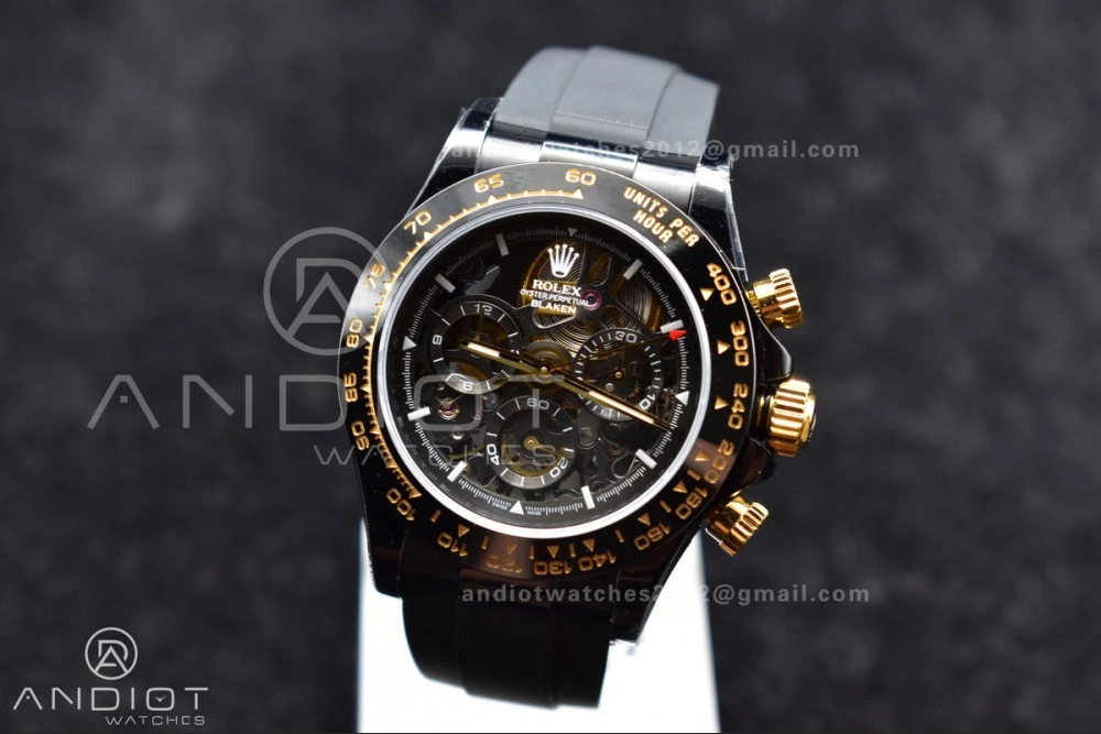 Blaken Daytona PVD Ceramic Bezel GETF Best Edition Skeleton Gold Dial on Black Rubber Strap SA Colorful 523