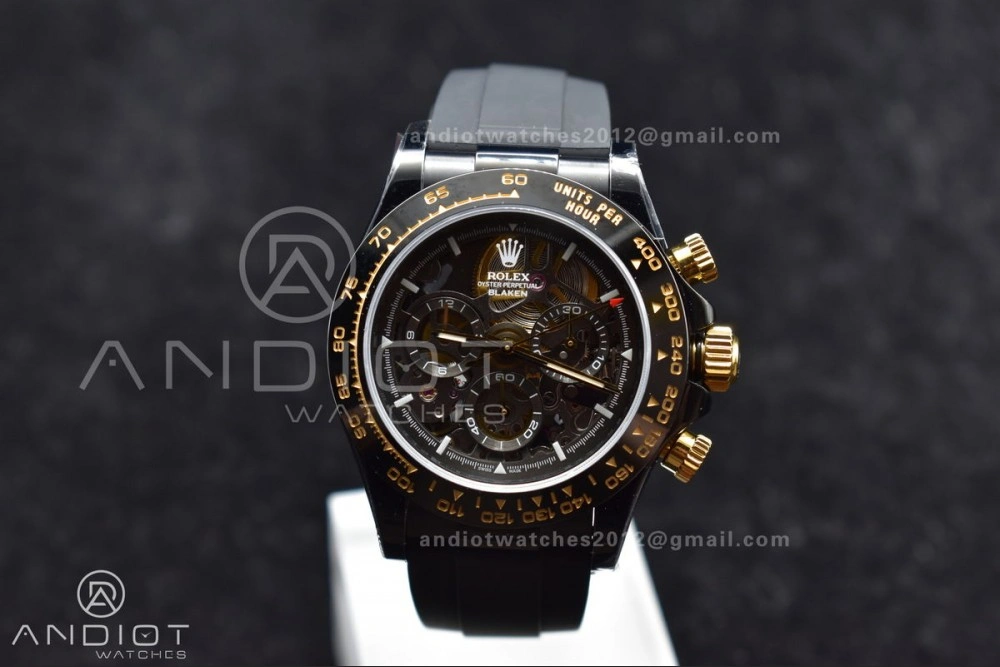 Blaken Daytona PVD Ceramic Bezel GETF Best Edition Skeleton Gold Dial on Black Rubber Strap SA Colorful 523