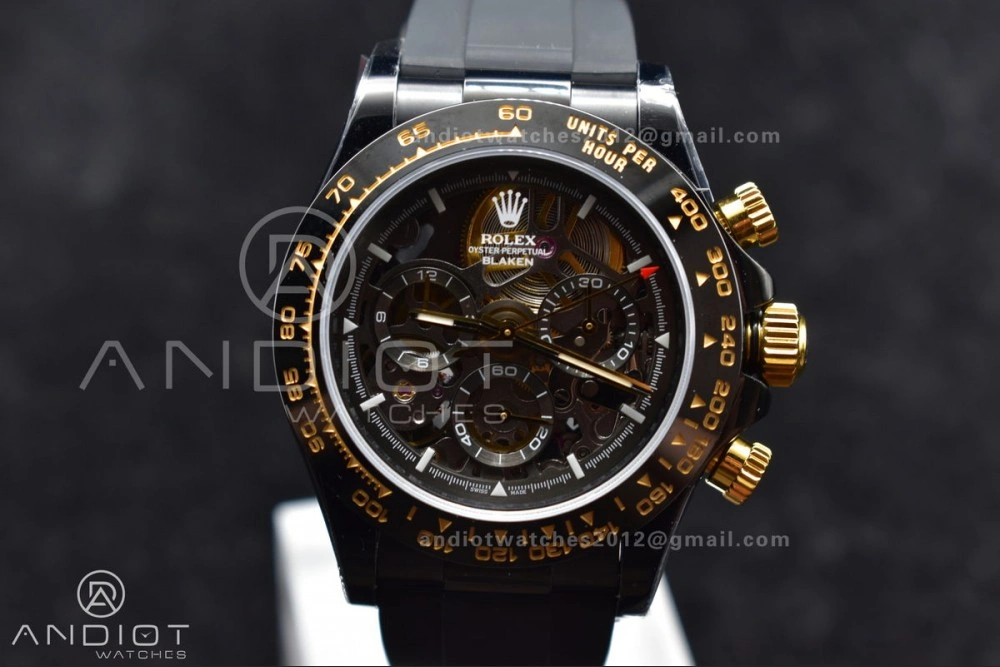 Blaken Daytona PVD Ceramic Bezel GETF Best Edition Skeleton Gold Dial on Black Rubber Strap SA Colorful 523