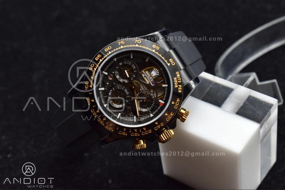 Blaken Daytona PVD Ceramic Bezel GETF Best Edition Skeleton Gold Dial on Black Rubber Strap SA Colorful 523