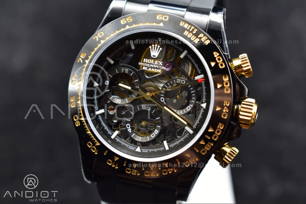Blaken Daytona PVD Ceramic Bezel GETF Best Edition Skeleton Gold Dial on Black Rubber Strap SA Colorful 523