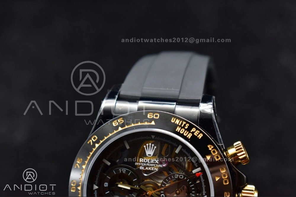 Blaken Daytona PVD Ceramic Bezel GETF Best Edition Skeleton Gold Dial on Black Rubber Strap SA Colorful 523