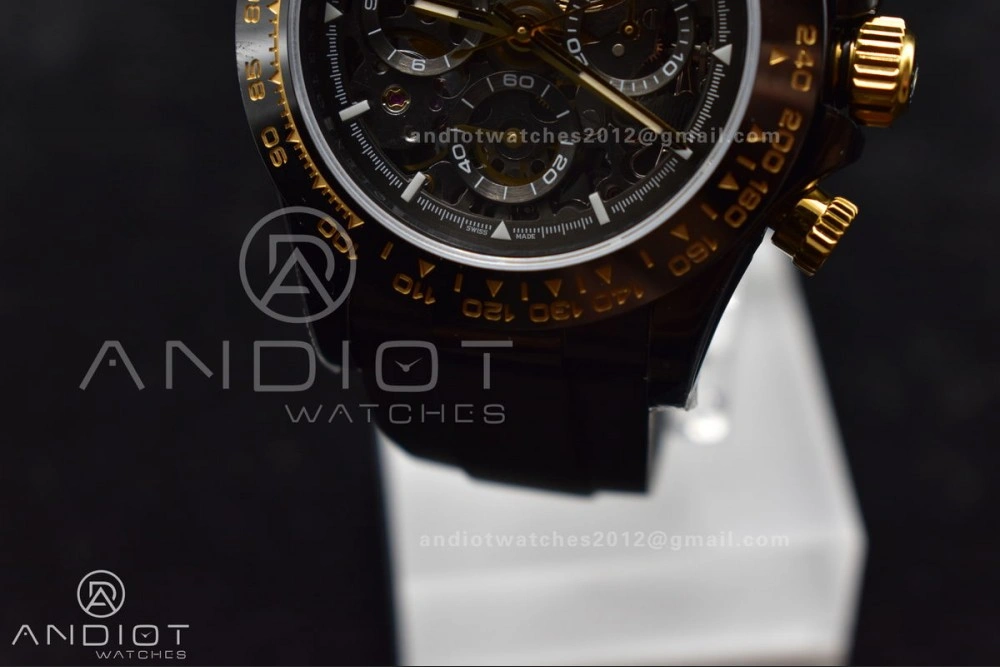 Blaken Daytona PVD Ceramic Bezel GETF Best Edition Skeleton Gold Dial on Black Rubber Strap SA Colorful 523