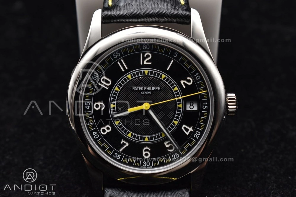 Premium Calatrava 6007G SS PPF 1:1 Best Edition Black Yellow Dial on Black Leather Strap 330CS 360
