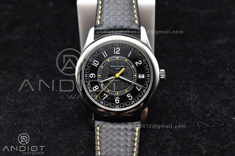 Premium Calatrava 6007G SS PPF 1:1 Best Edition Black Yellow Dial on Black Leather Strap 330CS 360