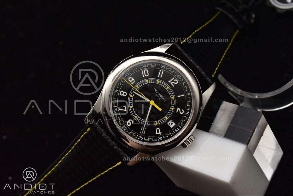 Premium Calatrava 6007G SS PPF 1:1 Best Edition Black Yellow Dial on Black Leather Strap 330CS 360