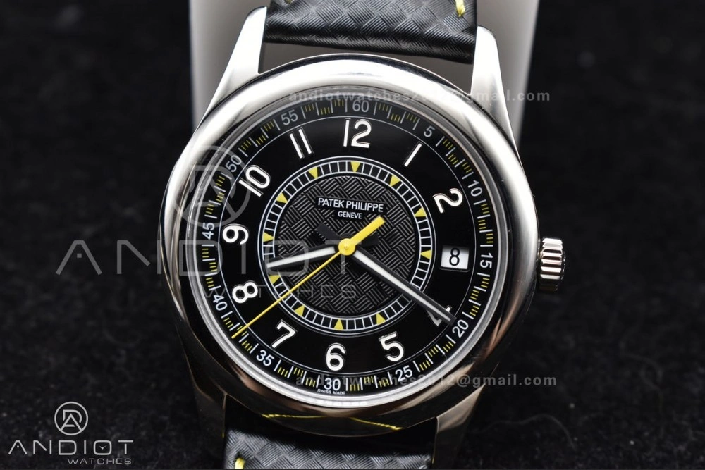 Premium Calatrava 6007G SS PPF 1:1 Best Edition Black Yellow Dial on Black Leather Strap 330CS 360