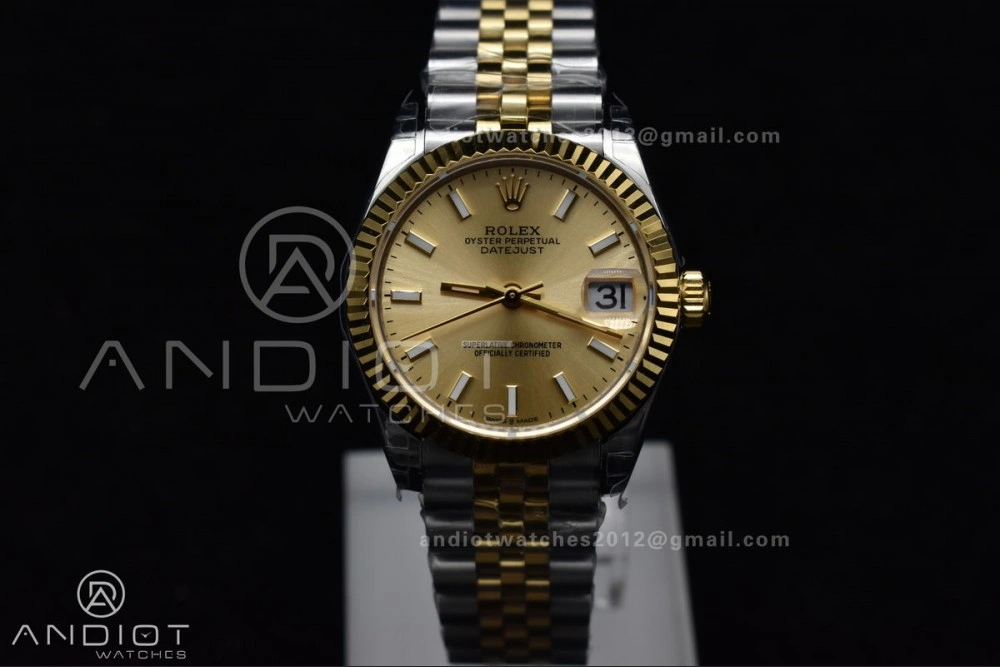 DateJust 31 Ladies 278273 GSF 316L Steel Gold Dial Stick Markers On YG President Bracelet Breathable 549