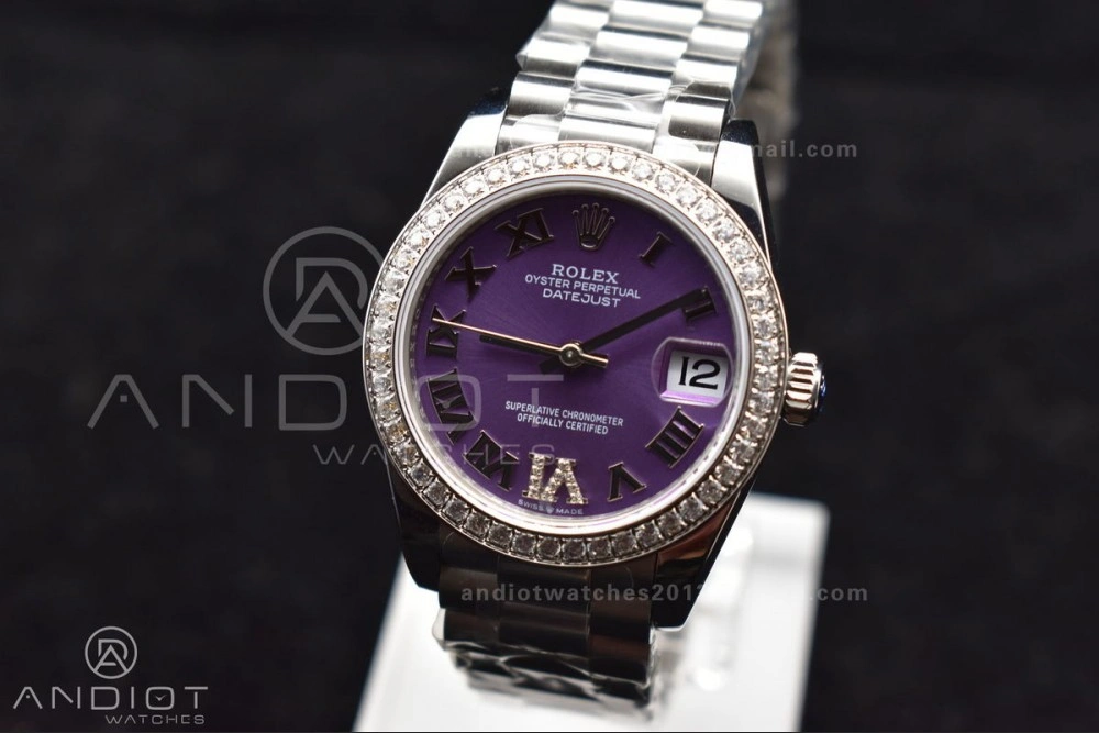 Contemporary DateJust 31 Ladies 278289 BPF 316L Steel Diamonds Bezel Purple Dial Roman Markers on President Style Bracelet 552