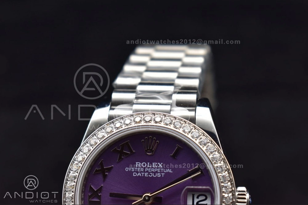 Contemporary DateJust 31 Ladies 278289 BPF 316L Steel Diamonds Bezel Purple Dial Roman Markers on President Style Bracelet 552