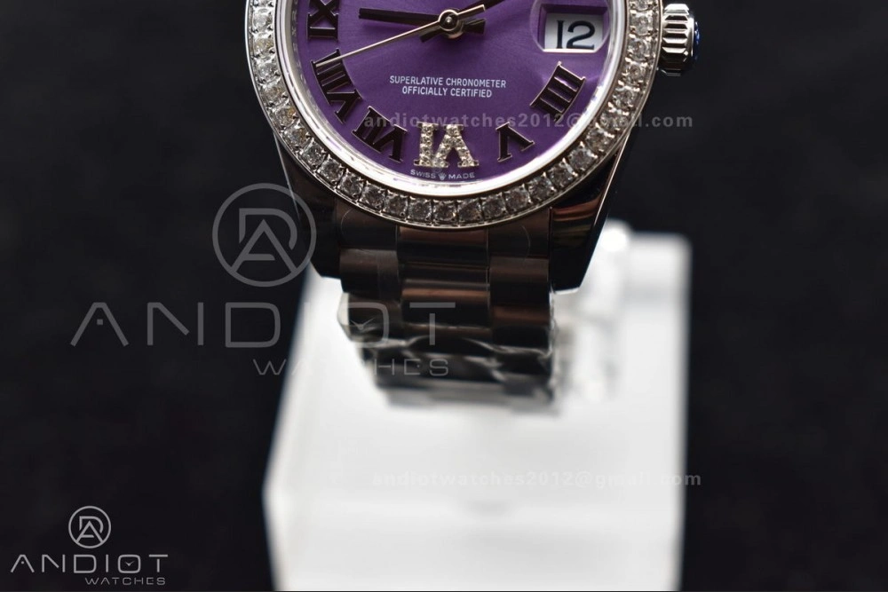 Contemporary DateJust 31 Ladies 278289 BPF 316L Steel Diamonds Bezel Purple Dial Roman Markers on President Style Bracelet 552