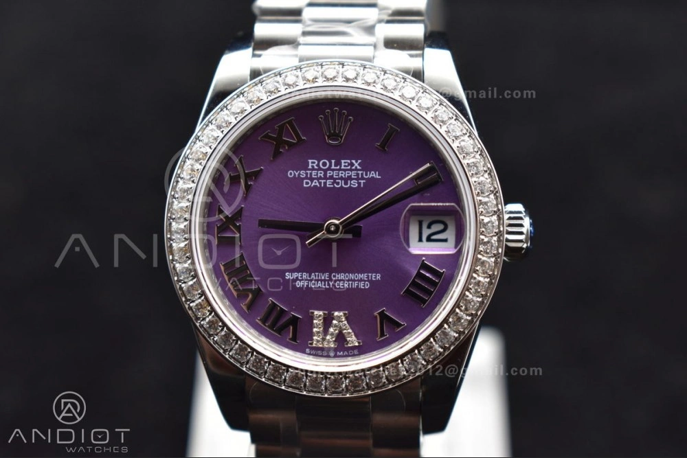 Contemporary DateJust 31 Ladies 278289 BPF 316L Steel Diamonds Bezel Purple Dial Roman Markers on President Style Bracelet 552