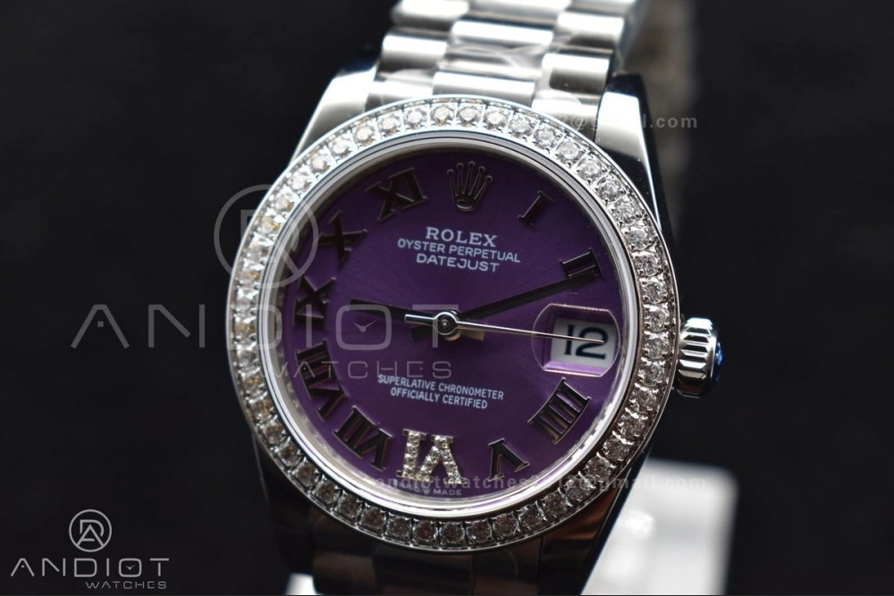 Contemporary DateJust 31 Ladies 278289 BPF 316L Steel Diamonds Bezel Purple Dial Roman Markers on President Style Bracelet 552