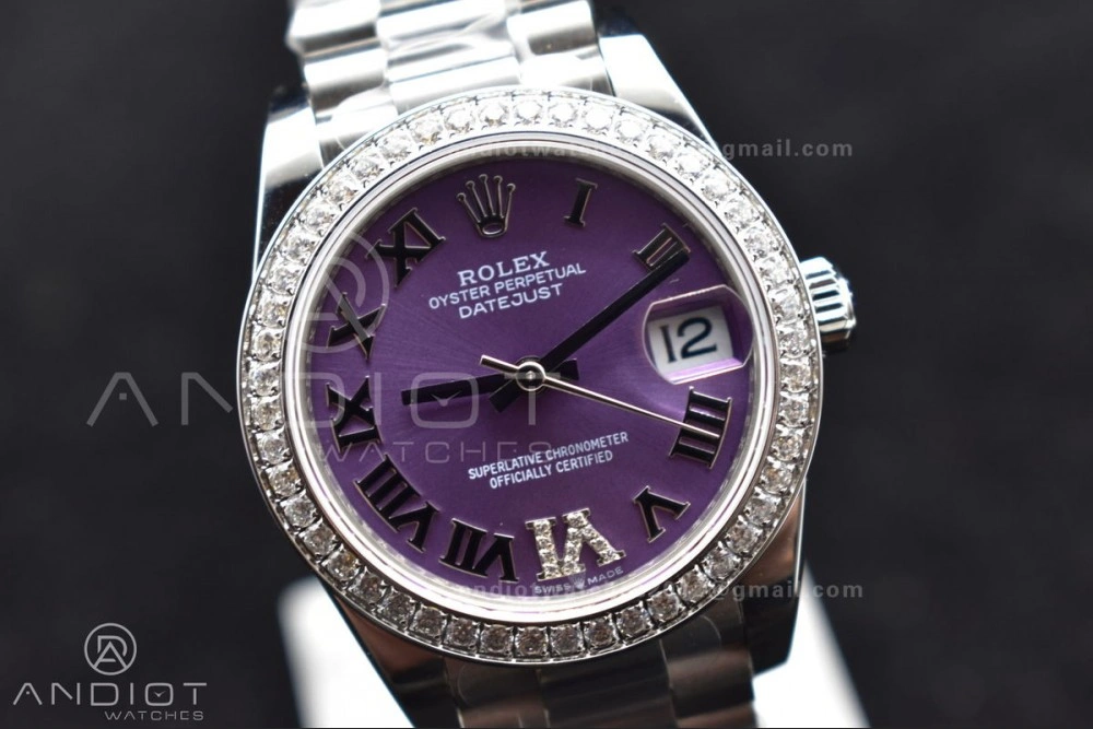 Contemporary DateJust 31 Ladies 278289 BPF 316L Steel Diamonds Bezel Purple Dial Roman Markers on President Style Bracelet 552