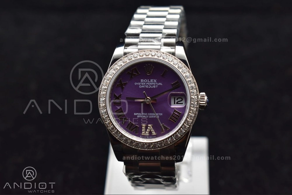 Contemporary DateJust 31 Ladies 278289 BPF 316L Steel Diamonds Bezel Purple Dial Roman Markers on President Style Bracelet 552