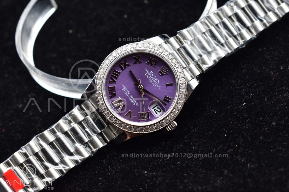 Contemporary DateJust 31 Ladies 278289 BPF 316L Steel Diamonds Bezel Purple Dial Roman Markers on President Style Bracelet 552