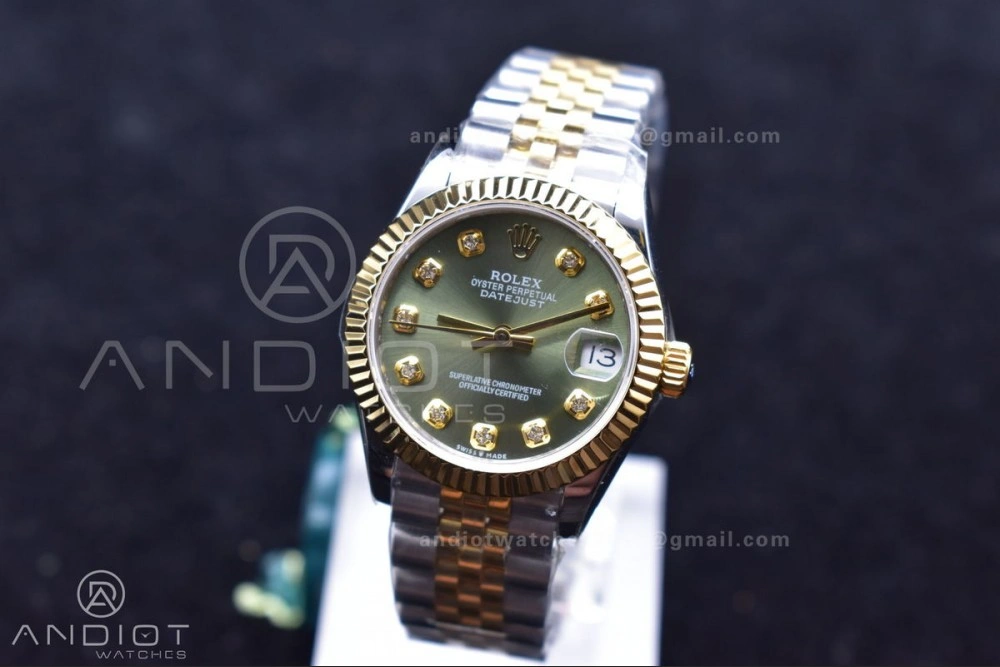 Comfortable DateJust 31 Ladies 278289 WF 316L Steel Green Dial Fluted Bezel and Markers on President Syle Bracelet 553