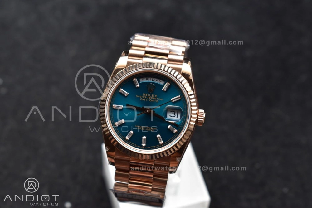 DayDate 36 RG QF Best Edition 904L Steel Blue Dial with Stick Diamond on President Bracelet vr3255 V5 (Gain Weight) Upgraded 667