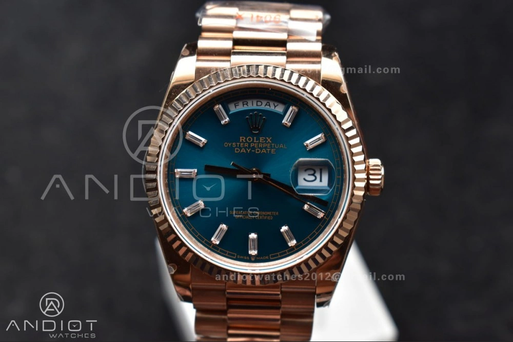 DayDate 36 RG QF Best Edition 904L Steel Blue Dial with Stick Diamond on President Bracelet vr3255 V5 (Gain Weight) Upgraded 667