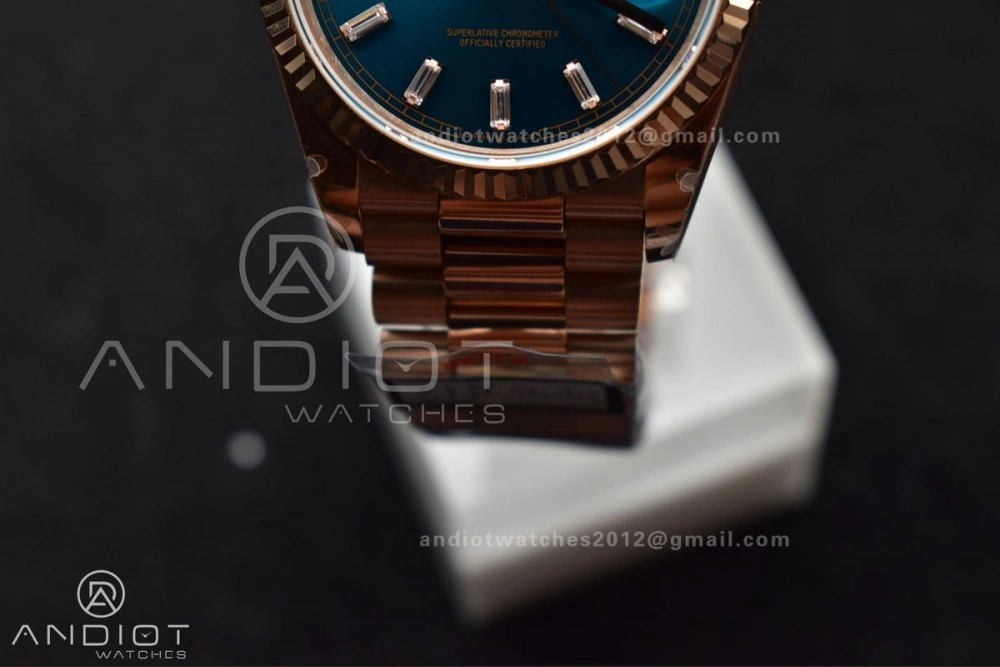 DayDate 36 RG QF Best Edition 904L Steel Blue Dial with Stick Diamond on President Bracelet vr3255 V5 (Gain Weight) Upgraded 667