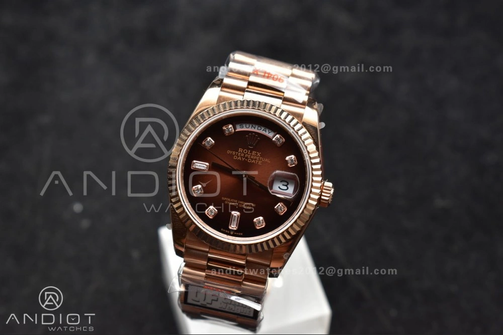 SmoothTexture DayDate 36 RG QF Best Edition 904L Steel Brown Diamond Dial on President Bracelet vr3255 V5 (Gain Weight) 678