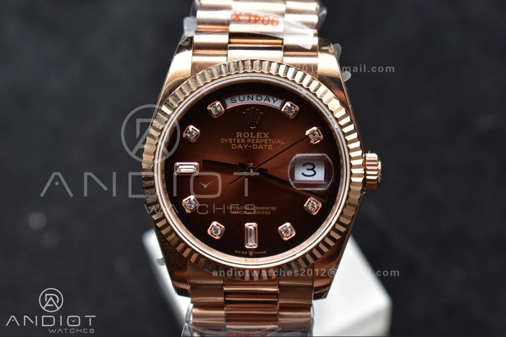 SmoothTexture DayDate 36 RG QF Best Edition 904L Steel Brown Diamond Dial on President Bracelet vr3255 V5 (Gain Weight) 678