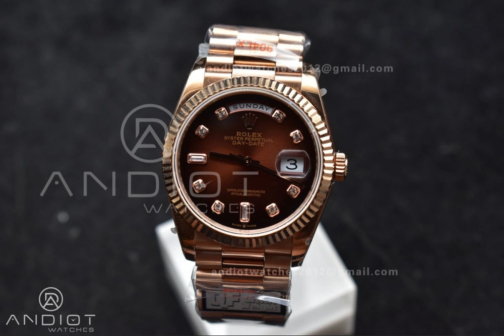SmoothTexture DayDate 36 RG QF Best Edition 904L Steel Brown Diamond Dial on President Bracelet vr3255 V5 (Gain Weight) 678