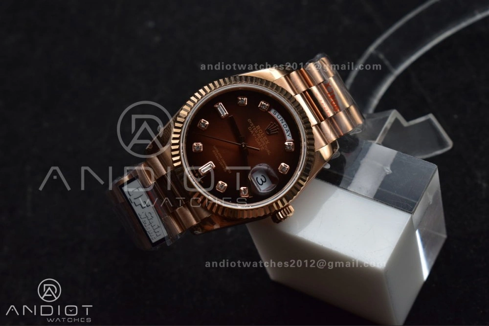 SmoothTexture DayDate 36 RG QF Best Edition 904L Steel Brown Diamond Dial on President Bracelet vr3255 V5 (Gain Weight) 678