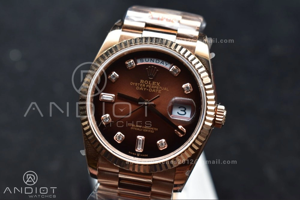 SmoothTexture DayDate 36 RG QF Best Edition 904L Steel Brown Diamond Dial on President Bracelet vr3255 V5 (Gain Weight) 678
