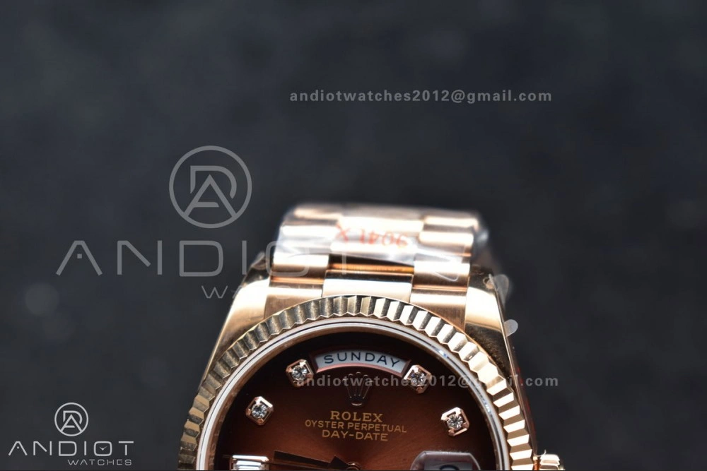 SmoothTexture DayDate 36 RG QF Best Edition 904L Steel Brown Diamond Dial on President Bracelet vr3255 V5 (Gain Weight) 678