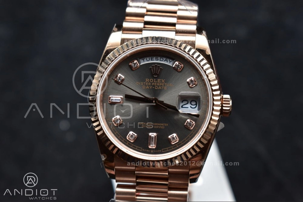 DayDate 36 RG QF Best Edition 904L Steel Grey Dial with Square Diamond on President Bracelet vr3255 V5 (Gain Weight) Original 671