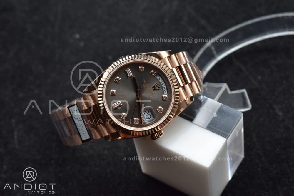 DayDate 36 RG QF Best Edition 904L Steel Grey Dial with Square Diamond on President Bracelet vr3255 V5 (Gain Weight) Original 671