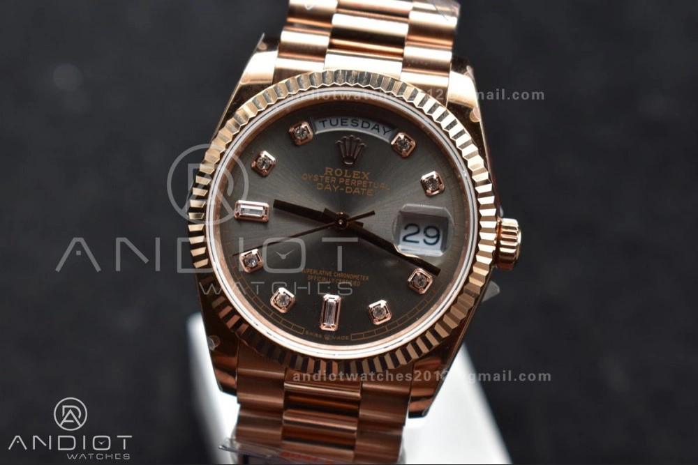 DayDate 36 RG QF Best Edition 904L Steel Grey Dial with Square Diamond on President Bracelet vr3255 V5 (Gain Weight) Original 671