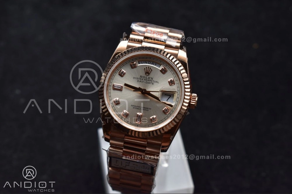 DayDate 36 RG QF Best Edition 904L Steel Silver Dial with Square Diamond on President Bracelet vr3255 V5 (Gain Weight) EasyMatch 675