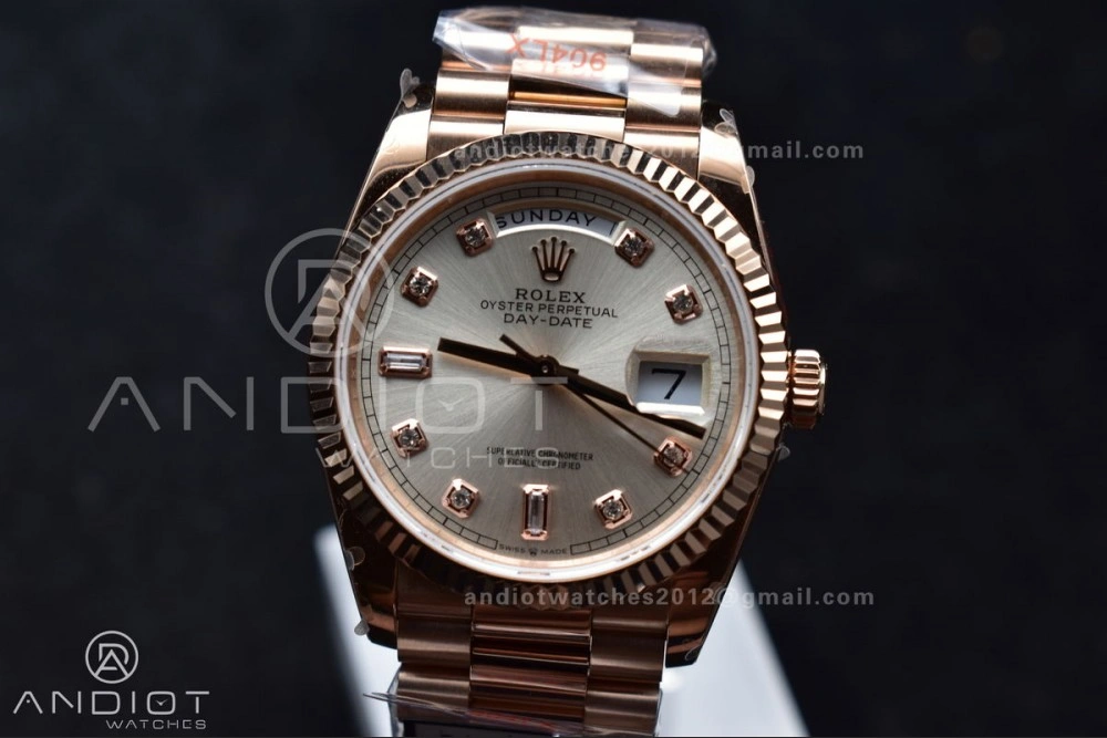 DayDate 36 RG QF Best Edition 904L Steel Silver Dial with Square Diamond on President Bracelet vr3255 V5 (Gain Weight) EasyMatch 675