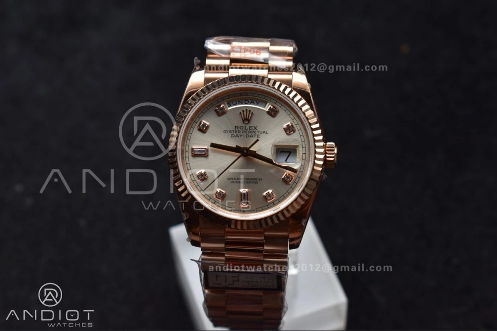DayDate 36 RG QF Best Edition 904L Steel Silver Dial with Square Diamond on President Bracelet vr3255 V5 (Gain Weight) EasyMatch 675