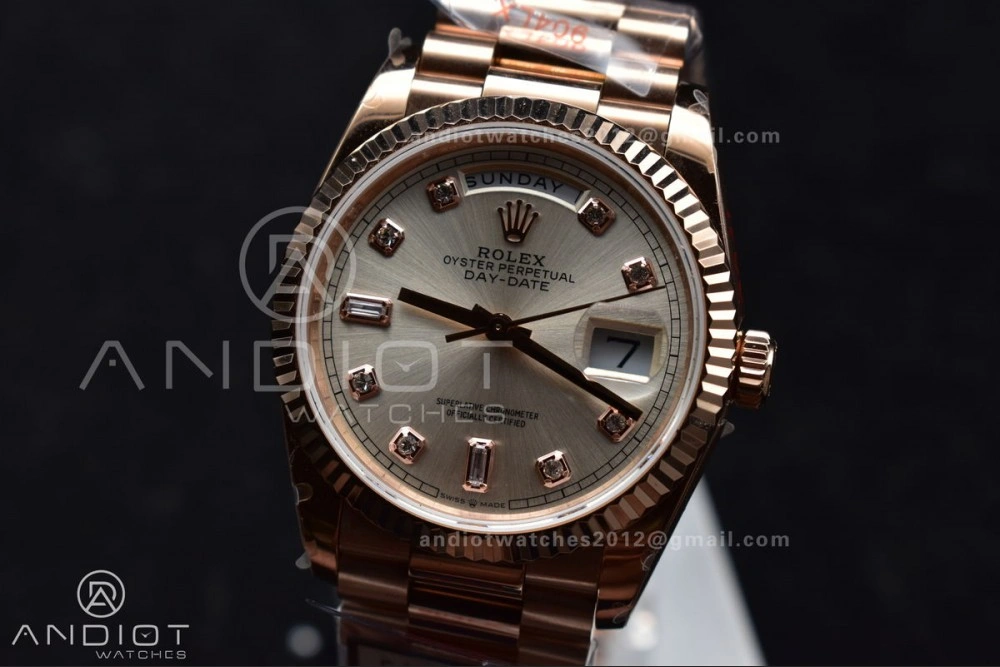 DayDate 36 RG QF Best Edition 904L Steel Silver Dial with Square Diamond on President Bracelet vr3255 V5 (Gain Weight) EasyMatch 675