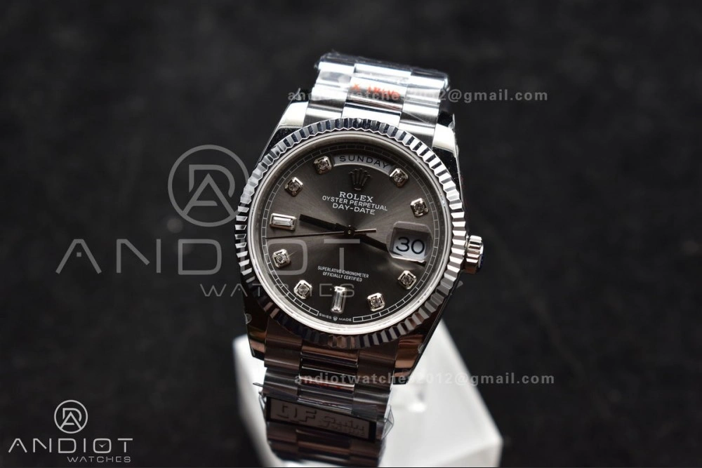 DayDate 36 SS QF Best Edition 904L Steel Grey Diamond Dial on President Bracelet vr3255 V5 (Gain Weight) Comfortable 750