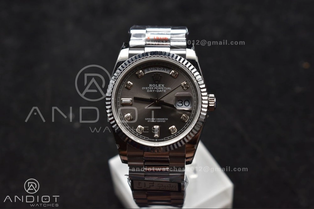 DayDate 36 SS QF Best Edition 904L Steel Grey Diamond Dial on President Bracelet vr3255 V5 (Gain Weight) Comfortable 750