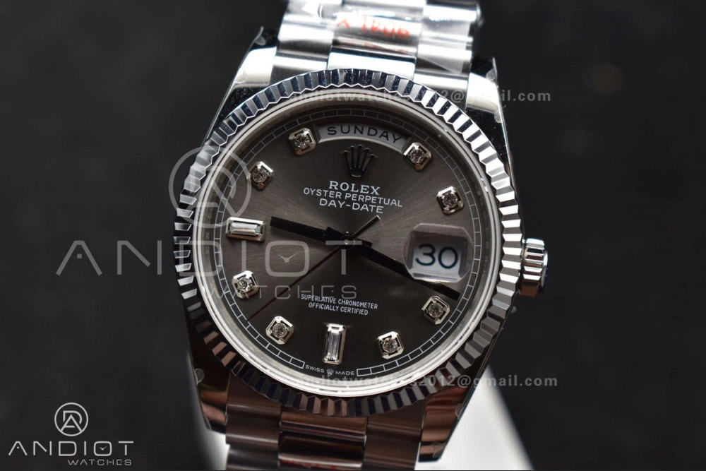 DayDate 36 SS QF Best Edition 904L Steel Grey Diamond Dial on President Bracelet vr3255 V5 (Gain Weight) Comfortable 750