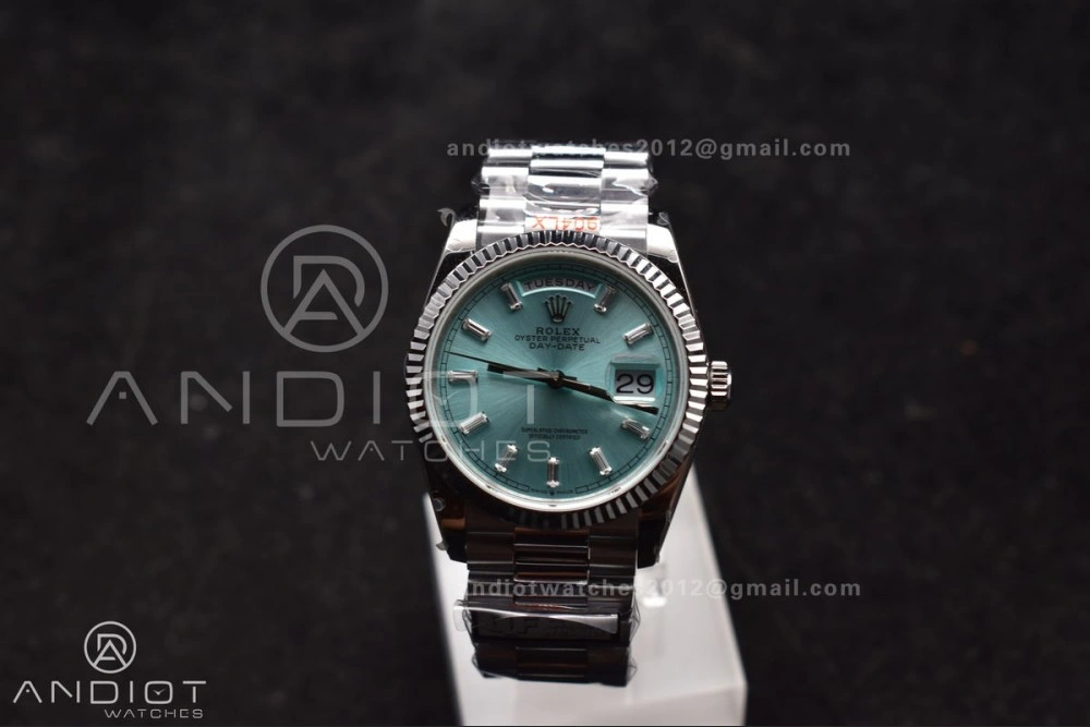 DayDate 36 SS QF Best Edition 904L Steel Light Blue Dial with Stick Diamond on President Bracelet vr3255 V5 (Gain Weight) NewStyle 682