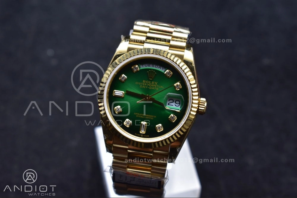 SunProtective DayDate 36 YG QF Best Edition 904L Steel Faded Green Dial with Square Diamond on President Bracelet vr3255 V5 (Gain Weight) 692