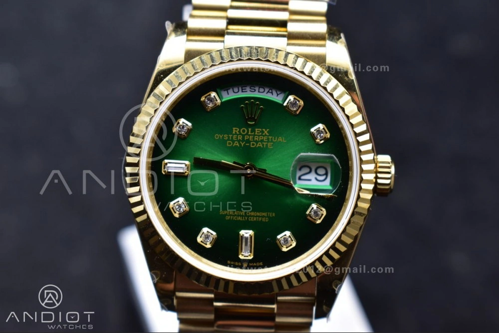 SunProtective DayDate 36 YG QF Best Edition 904L Steel Faded Green Dial with Square Diamond on President Bracelet vr3255 V5 (Gain Weight) 692